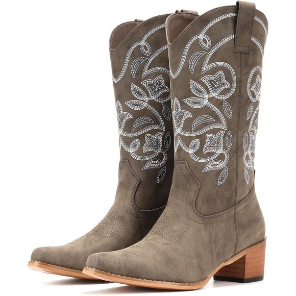 Women's Khaki Pointy Toe Faux Leather Western Cowgirl Mid Calf Boots - Picture 3 of 5